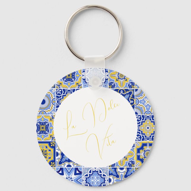 Blue Mediterranean Tile & Citrus Wedding Schlüsselanhänger (Vorderseite)
