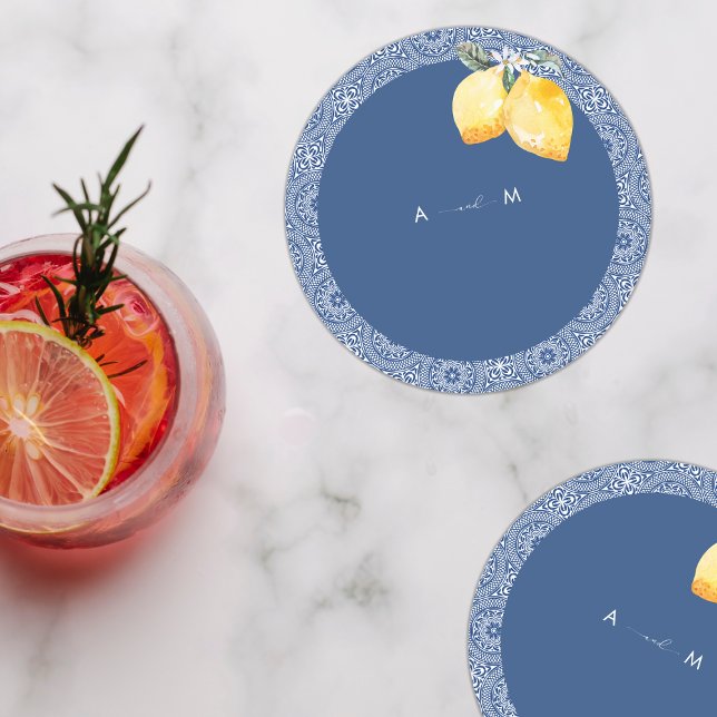 Blue Mediterranean Tile & Lemon Italienische Hochz Runder Pappuntersetzer (Von Creator hochgeladen)