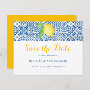 Blue Mediterranean Tile Watercolor Lemon Wedding Save The Date
