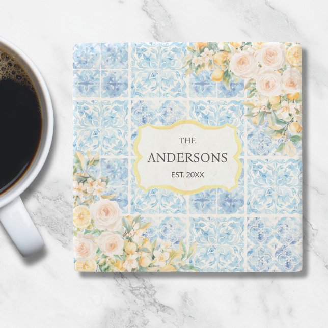 Blue Mediterranean Tiles Flower Lemon Family Name Steinuntersetzer (Von Creator hochgeladen)