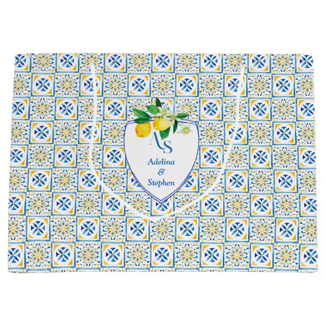 Blue Mediterranean Tiles Italy Wappen Lemon Weddin Große Geschenktüte (Vorderseite)
