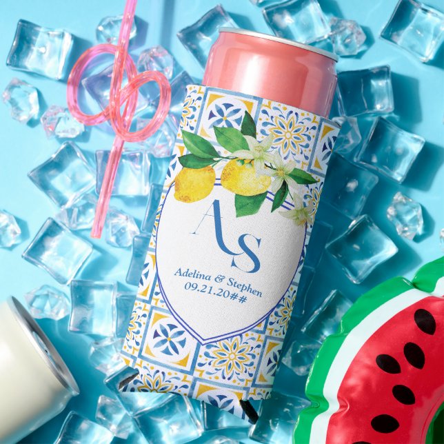 Blue Mediterranean Tiles Italy Wappen Lemon Weddin Selters Dosenkühler (In Situ Sommer)