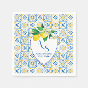 Blue Mediterranean Tiles Italy Wappen Lemon Weddin Serviette