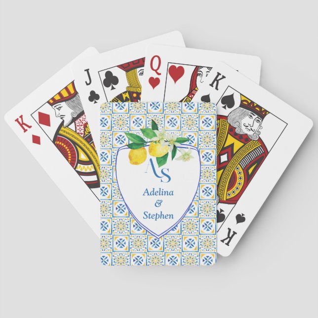 Blue Mediterranean Tiles Italy Wappen Lemon Weddin Spielkarten (Rückseite)