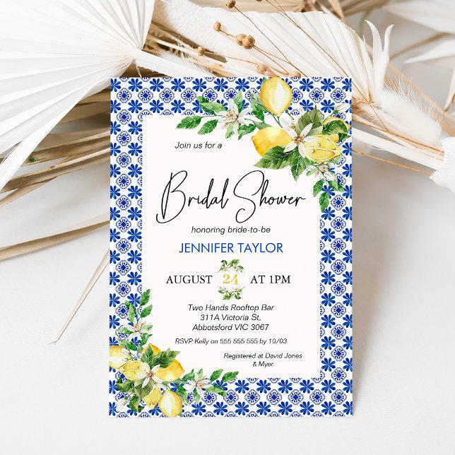 Blue Mediterranean Tiles Lemon Brautparty Einladung (Lemon and Mediterranean tile themed bridal shower invitation featuring blue and white tile, lemons.)