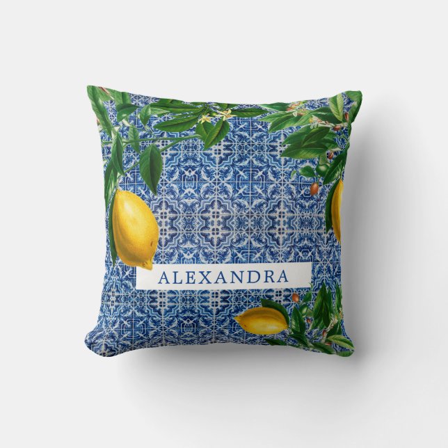 Blue Mediterranean Tiles Lemons Chic Modern Kissen (Vorderseite)