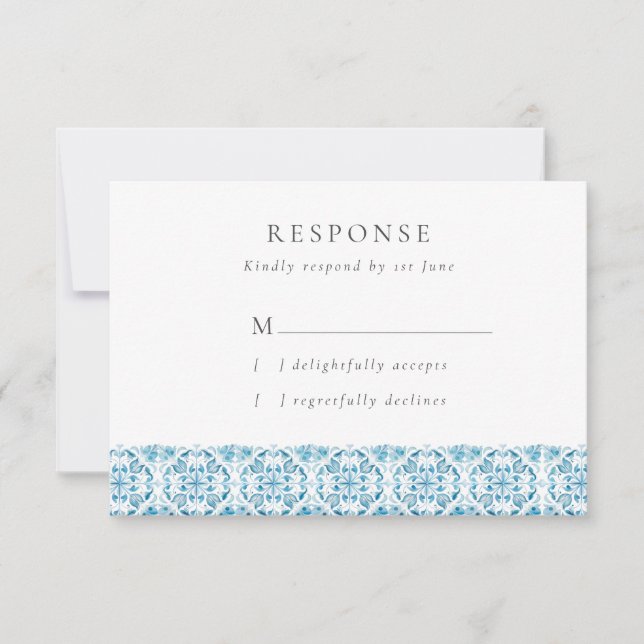 Blue Mediterranean Tiles Wedding RSVP Card (Vorderseite)