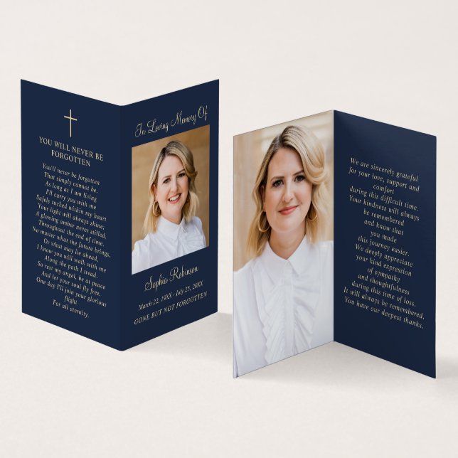 Blue Memorial Folder Card Gold Script 2 Foto (Innenseite und Außenseite)