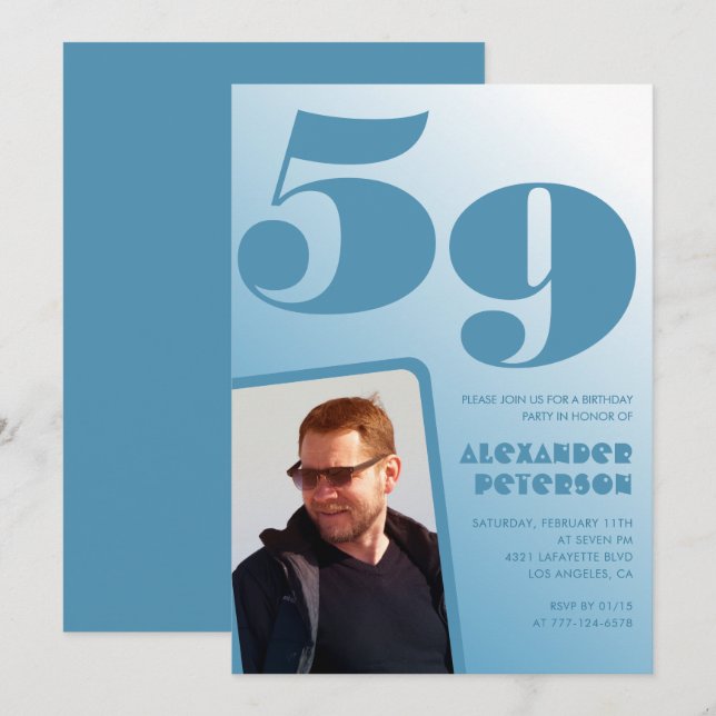 Blue Men Photo dégradé 59e anniversaire invitation (Devant / Derrière)