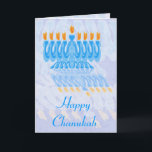Blue Menorah Chanukah Cards Feiertagskarte<br><div class="desc">Blaue Menorah mit orangefarbenen Flammen,  gerippte Reflexion. Chanukah Design. Benutzerdefinierte Chanukah Grußkarten - Passen Sie Ihren eigenen Gruß im Inneren an.</div>