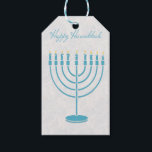 Blue Menorah, Happy Hanukkah Geschenkanhänger<br><div class="desc">Ein Hanukkah Geschenktag mit einer türkisblauen Menorah auf grauem marmoriertem Hintergrund und Happy Hanukkah Text.</div>