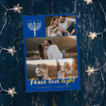 Blue Menorah Peace Liebe Foto Collage Gold Folien Feiertagskarte<br><div class="desc">Goldfolie-Happy Ferienkarte mit einer hanukkah menorah,  eine Foto-Collage von vier Fotos,  Liebe von Frieden in Goldfolie,  und auch Ihr Familienname in Goldfolie.</div>