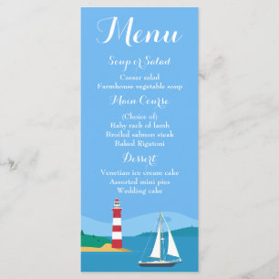 Blue Menu Sailboat & Lighthouse Hochzeit Menükarte