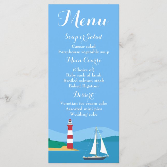 Blue Menu Sailboat & Lighthouse Hochzeit Menükarte (Vorderseite)