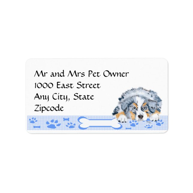 Blue Merle Aussie Puppy auf Blue Gingham Adressaufkleber (Vorne)