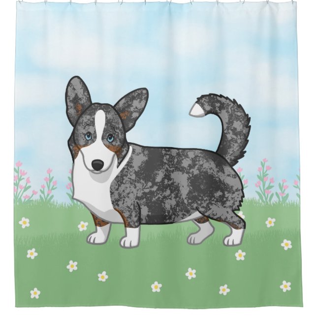 Blue Merle Cardigan Welsh Corgi Blume Duschvorhang (Vorderseite)