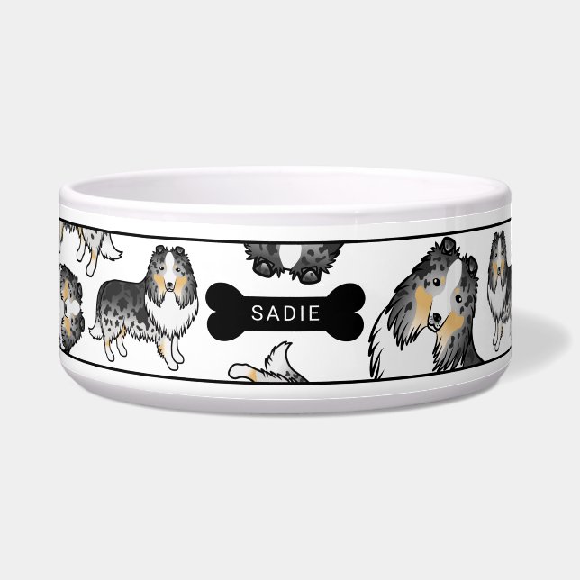 Blue Merle Cartoon Sheltie Hunde Muster & Name Napf (Vorderseite)