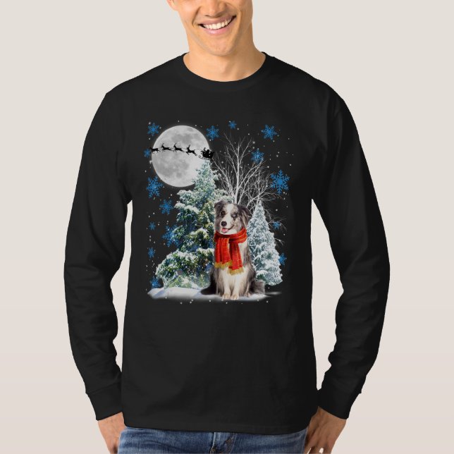 Blue Merle Collie Under Moonlight Schnee Weihnacht T-Shirt (Vorderseite)