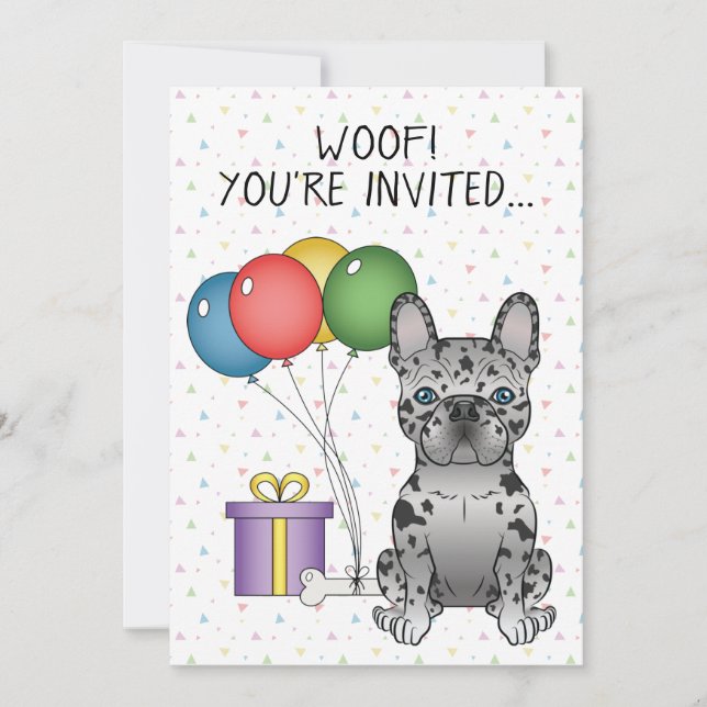 Blue Merle French Bulldog Cartoon Dog Birthday Einladung (Vorderseite)