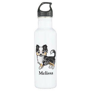 Blue Merle Long Coat Chihuahua Cartoon Dog & Name Edelstahlflasche