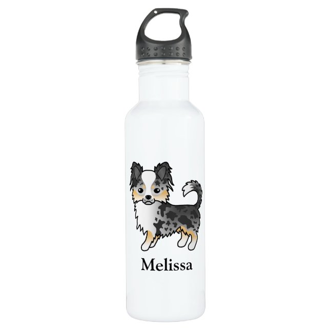 Blue Merle Long Coat Chihuahua Cartoon Dog & Name Edelstahlflasche (Vorderseite)