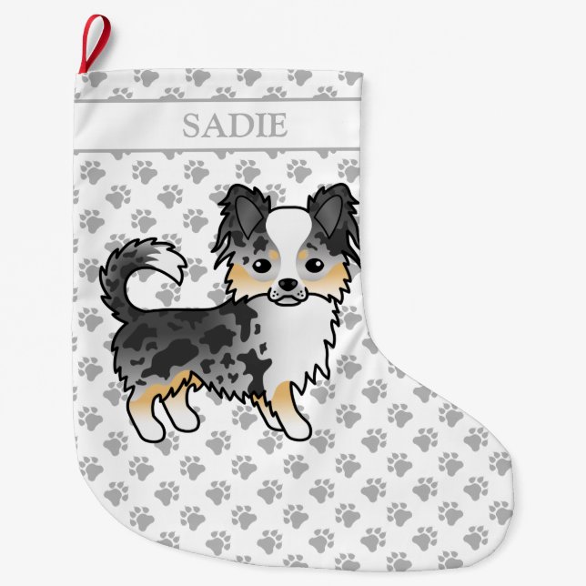 Blue Merle Long Coat Chihuahua Cartoon Dog & Name Großer Weihnachtsstrumpf (Vorderseite)