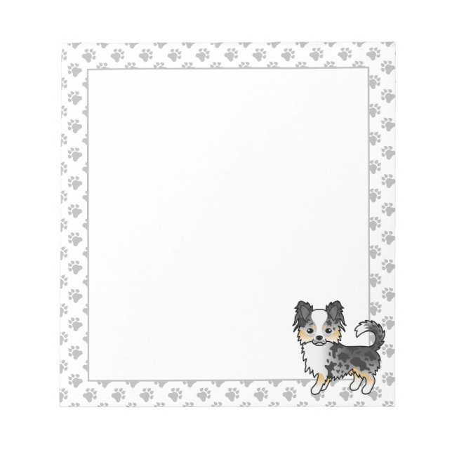 Blue Merle Long Coat Chihuahua Cartoon Dog & Paws Notizblock (Vorderseite)