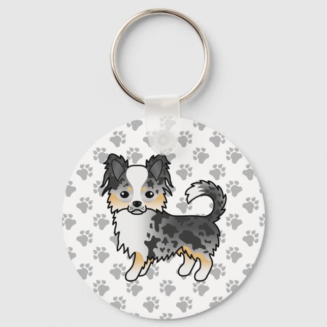 Blue Merle Long Coat Chihuahua Cartoon Dog & Paws Schlüsselanhänger (Vorderseite)