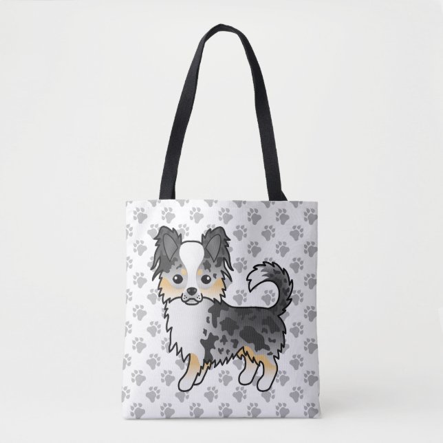 Blue Merle Long Coat Chihuahua Cartoon Dog & Paws Tasche (Vorderseite)