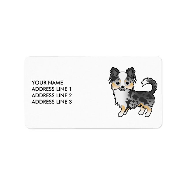 Blue Merle Long Coat Chihuahua Niedlicher Cartoon  Adressaufkleber (Vorne)