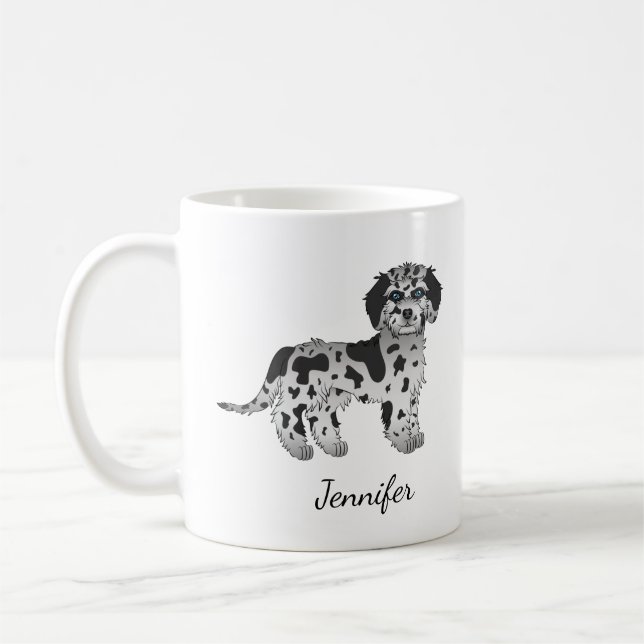 Blue Merle Mini Goldendoodle Cartoon Dog & Name Kaffeetasse (Links)
