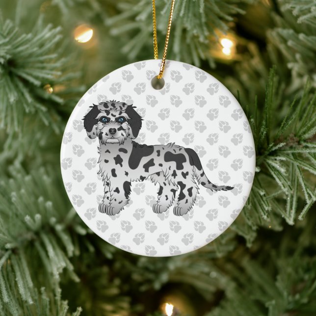 Blue Merle Mini Goldendoodle Cartoon Dog & Text Keramik Ornament (Baum)
