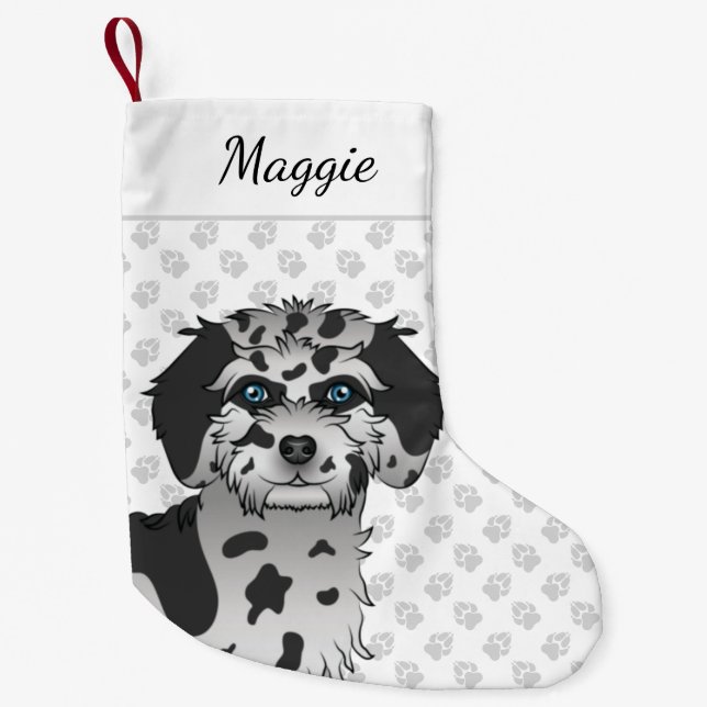 Blue Merle Mini Goldendoodle Dog Head & Name Kleiner Weihnachtsstrumpf (Vorderseite)