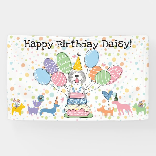 Blue Merle Sheepadoodle Dog Birthday Party Banner (Horizontal)