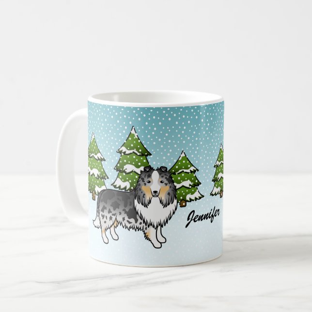 Blue Merle Sheltie Cartoon Dog im Winter & Name Kaffeetasse (Vorderseite Links)