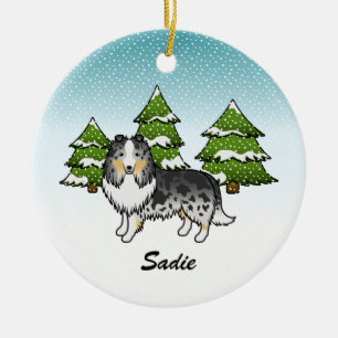 Blue Merle Sheltie Cartoon Dog im Winter & Name Keramik Ornament