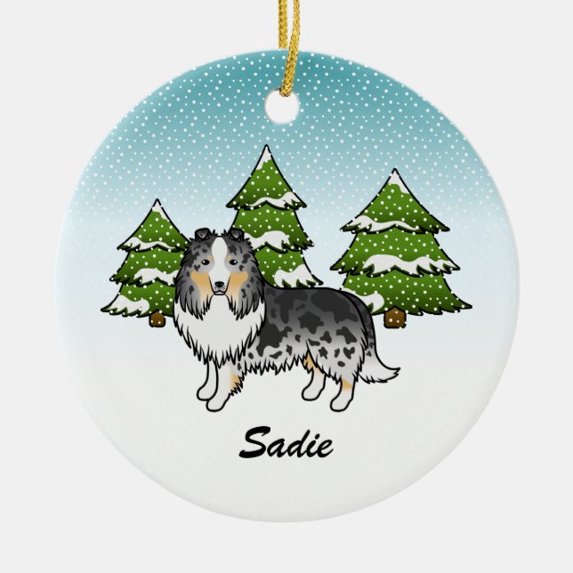 Blue Merle Sheltie Cartoon Dog im Winter & Name Keramik Ornament (Vorne)