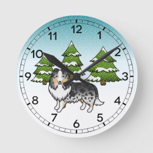 Blue Merle Shetland Sheepdog im Winterwald Runde Wanduhr