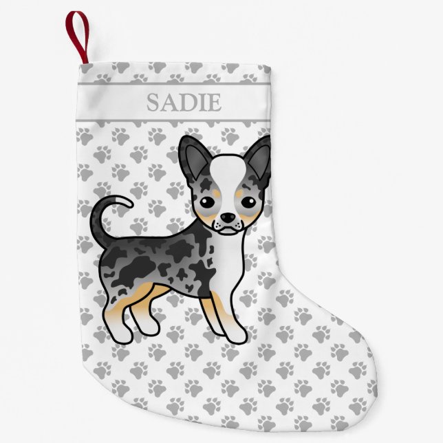 Blue Merle Smooth Coat Chihuahua Niedlicher Hund u Kleiner Weihnachtsstrumpf (Vorderseite)