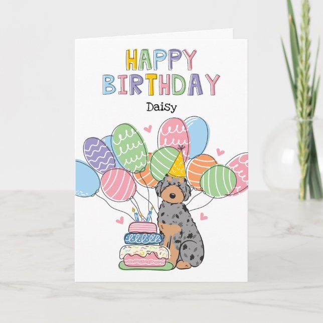 Blue Merle Tan Aussiedoodle Happy Birthday Karte (Vorderseite)