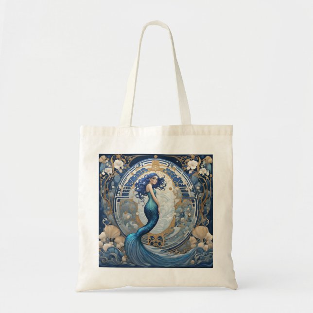 Blue Mermaid Art Nouveau Art Deco Stil Tragetasche (Vorne)