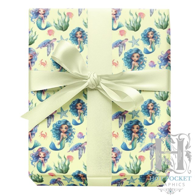 Blue Mermaid Birthday Gift Wrap in Yellow Geschenkpapier (Von Creator hochgeladen)