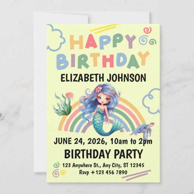 Blue Mermaid Birthday Party Invitation in Yellow (Devant)