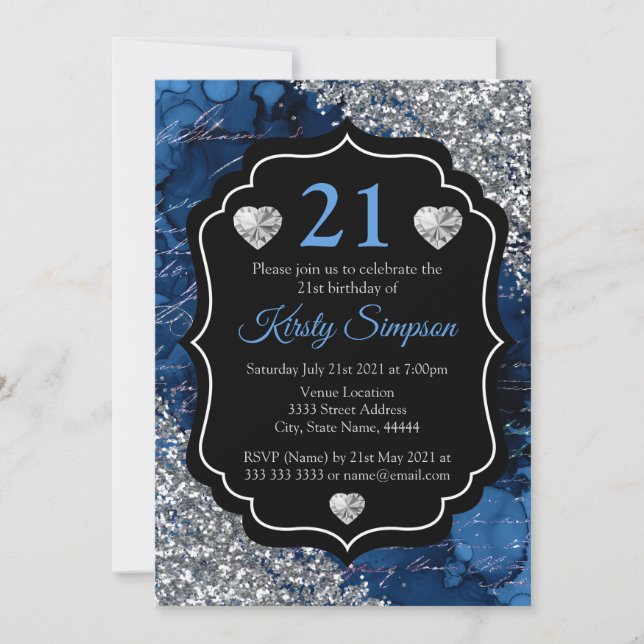 Blue Mermaid Handwriting Letters Silver Glitzer Einladung (Vorderseite)