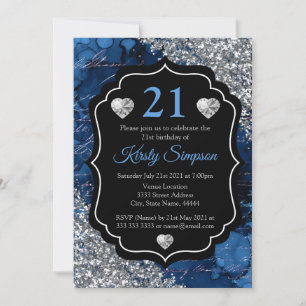 Blue Mermaid Handwriting Letters Silver Glitzer Einladung