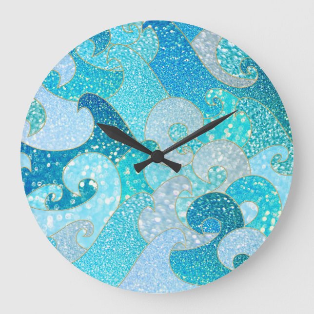 Blue Mermaid Imitate Glitzer Sea- Aquamariner Gold Große Wanduhr (Vorderseite)