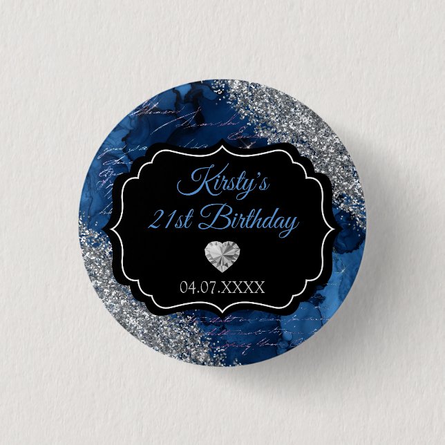 Blue Mermaid Letters Silver Glitter Birthday Button (Vorderseite)