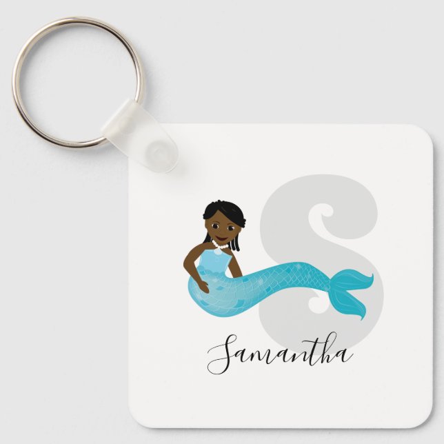 Blue Mermaid Name Monogram Schlüsselanhänger (Vorderseite)