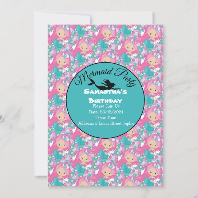 Blue Mermaid Party Pink Einladung (Vorderseite)