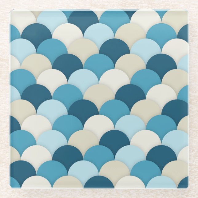 Blue Mermaid Scallop Muster Moderne Technik Glasuntersetzer (Vorderseite)